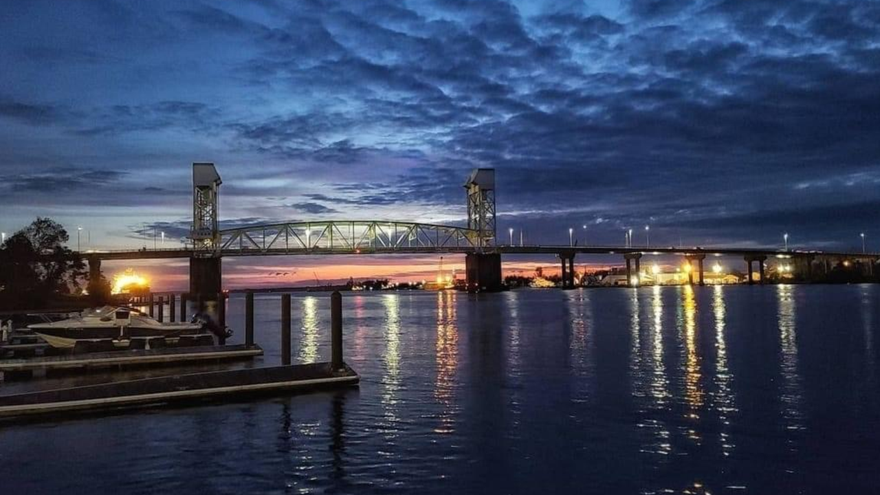 Cape Fear Memorial Bridge at sunset, Wilmington Riverwalk