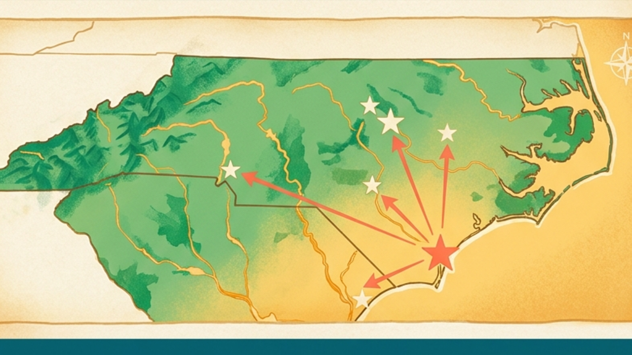 Vintage Carolinas map showing Wilmington (red star) with arrows radiating out to regional venues — used as the WTD hero